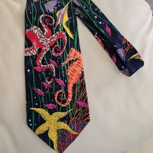Addiction Vibrant Underwater Ocean-Themed Silk Tie Seahorse Starfish Octopus